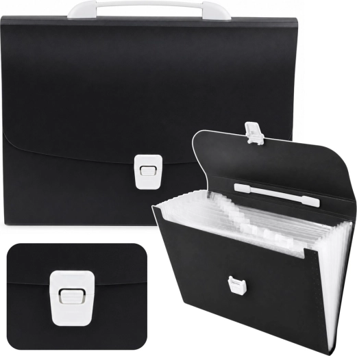 Black expandable A4 document organizer briefcase with 13 compartments