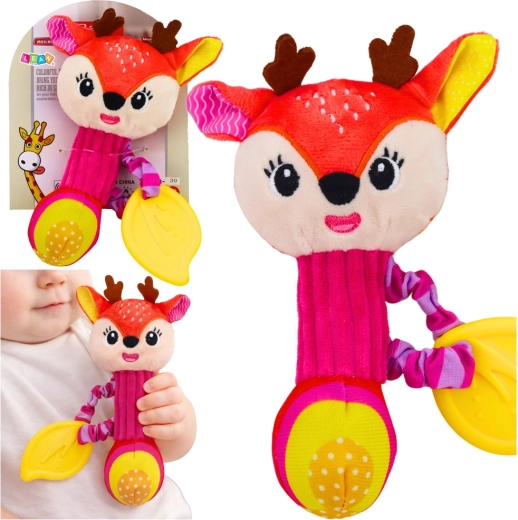 Plush rattle fawn with teether and squeaker for babies