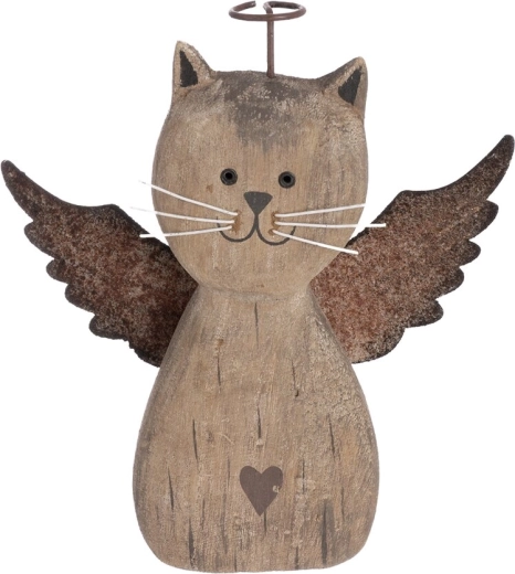 Decorative angel cat made of paulownia wood and metal, beige