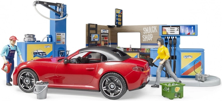 Bruder tankla sportauto ja 2 figuuriga