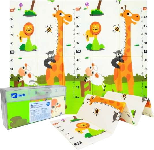 Humbi Double-Sided Foldable XPE Foam Play Mat with Animals and Height Chart 180 × 150 × 1 cm