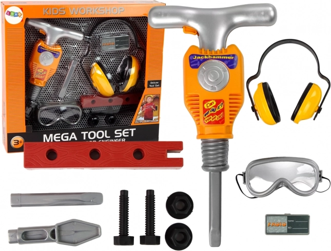 Kids’ construction set with pneumatic hammer, goggles and headphones