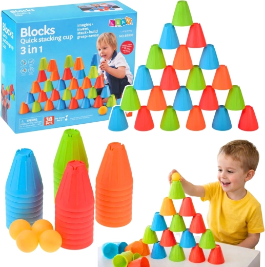 3-in-1 Skill and Educational Game: Speed Cups with Balls, 38 pieces