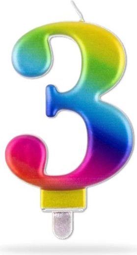 Birthday candle number 3, rainbow, 7.5 cm