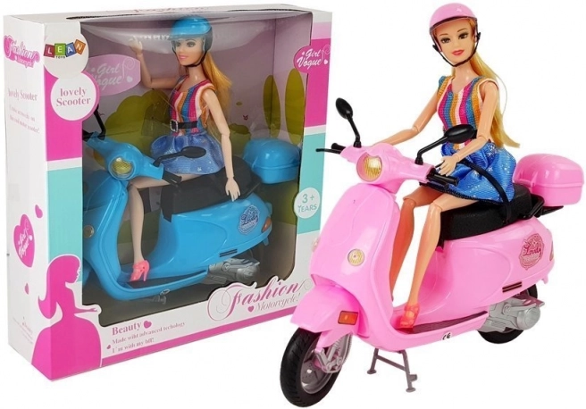 Doll on Pink Scooter with Helmet, Long Hair