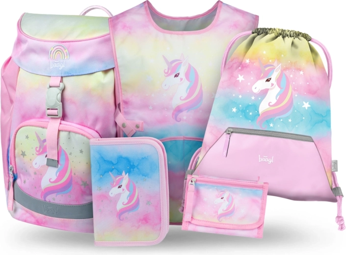 Baagl komplekt 5 Airy Rainbow Unicorn – koolikott, pinal, sussikott, põll ja rahakott