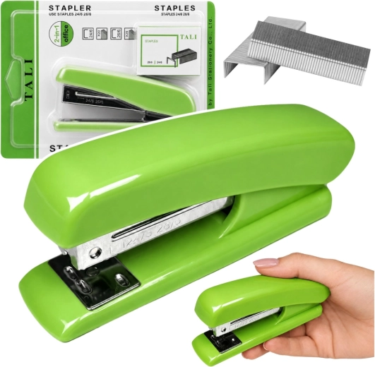 Green office stapler for 24/6 and 26/6 staples with staples - 1 piece
