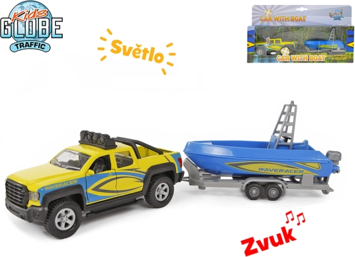 Kids Globe Traffic truck with boat 27 cm, die-cast model with light and sound