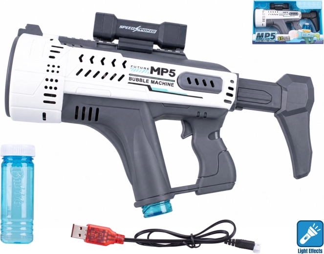 White MP5-style bubble gun with light effect, 44 cm