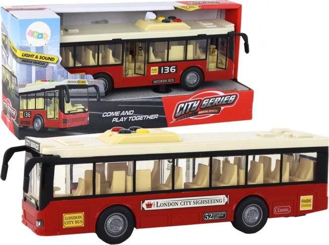 Red battery-powered city bus with lights and sounds 1:16