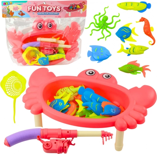 Fishing table set crab – pink, 10 fish, rod and net
