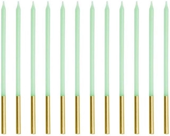 Sünnipäevaküünlad siledad helerohelised kuldse hoidjaga 14 cm (12 tk)