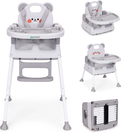 Laste söögitool 3 ühes, topeltaluse ja 5-punktilise turvarihmaga, hall ECOTOYS