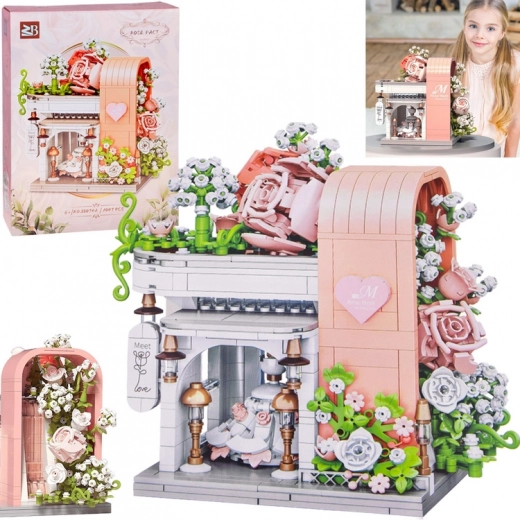 Romantic wedding hall building set with display window, flowers, and dress (1047 pieces)