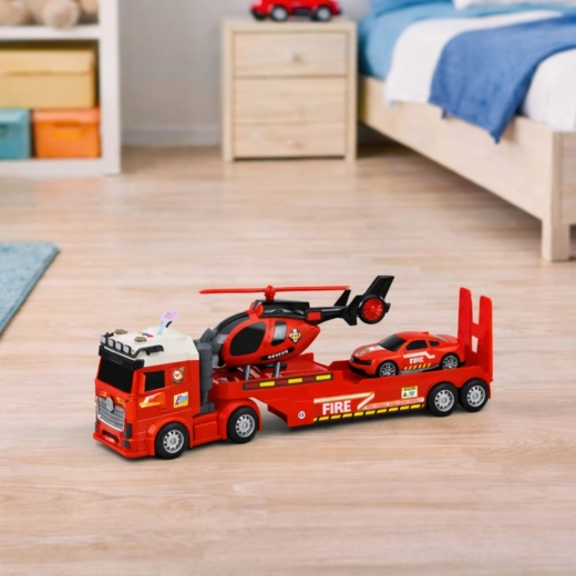 Truck with flatbed trailer and folding ramp