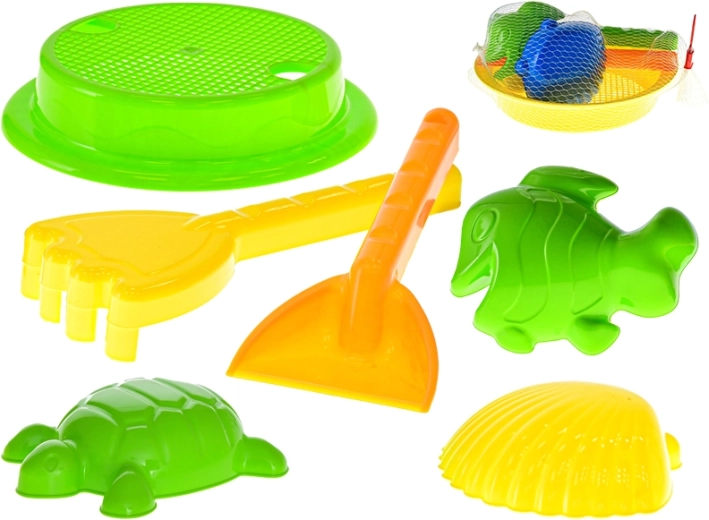 Kids’ sand set with sieve, shovel, rake and molds (in net bag)