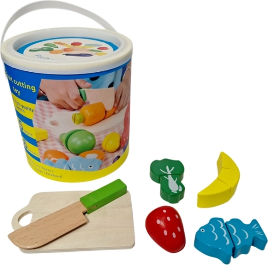 Wooden cutting food set in a bucket