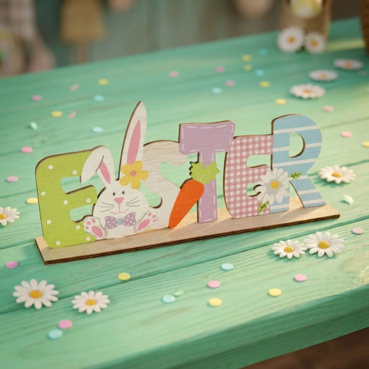 Easter wooden table decoration with a bunny