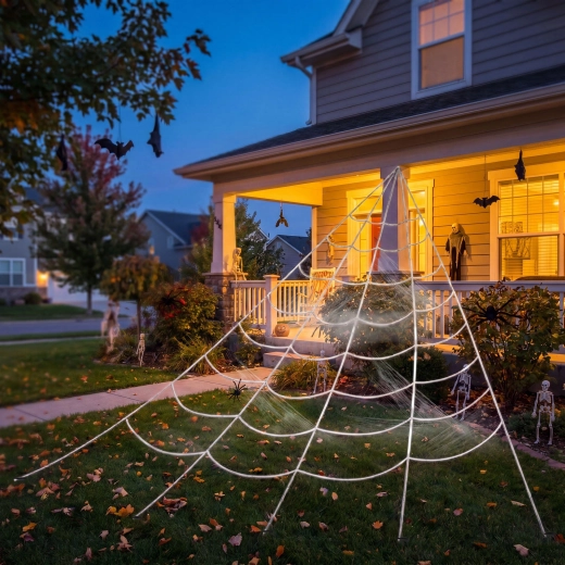 Valgest šenillist Halloweeni ämblikuvõrk 5 × 4,8 m koos kinnitustihvtidega
