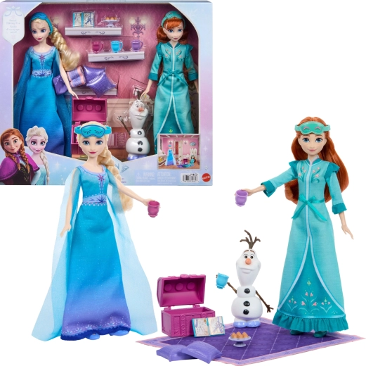 Mattel Disney Frozen pidžaamapidu – nukkude komplekt Anna ja Elsa koos Olafi ja tarvikutega