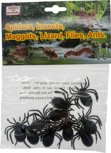 Plastic spiders in a mesh bag, 10 pcs