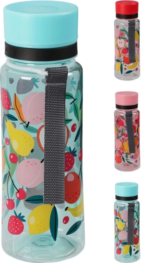 Plastist joogipudel 600 ml kandmisrihmaga – puuviljadekorite valik