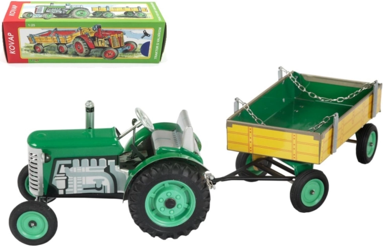 Zetor traktor haagisega, vedrumehhanismiga, metall, 28 cm, KOVAP – Roheline