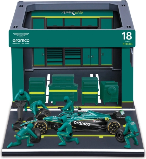 Bburago Formula Racing F1 Pit Pass komplekt Aston Martin AMR25 2025 Lance Stroll 1:43