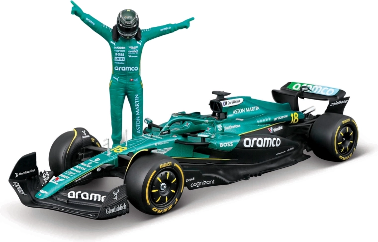 Bburago F1 mudel Aston Martin AMR25 2025 Lance Stroll (number 18) 1:24 koos sõitja figuuriga