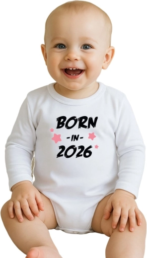New Baby cotton baby bodysuit with print Born in 2026, pink, long sleeve