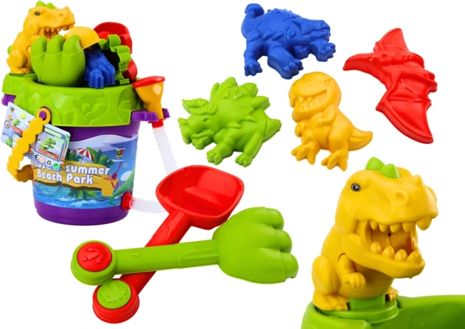 Kids' dinosaur sand set – bucket with sprayer, watering can and molds