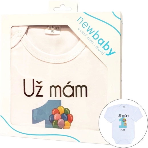 Baby bodysuit with print new baby i’m already 1 year old blue, gift packaging