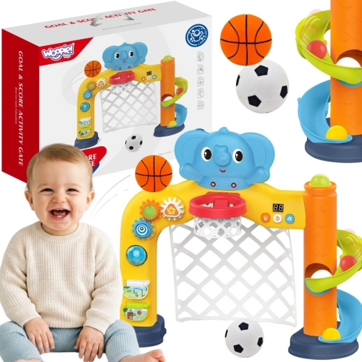 Woopie baby interaktiivne spordikeskus 2in1 – jalgpallivärav ja korvpallikorv elevandikesega