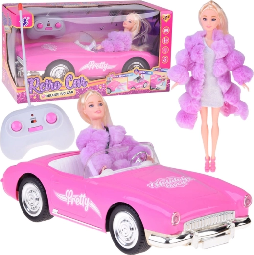 Roosa retro-kabrio kaugjuhtimisega koos elegantse nukuga
