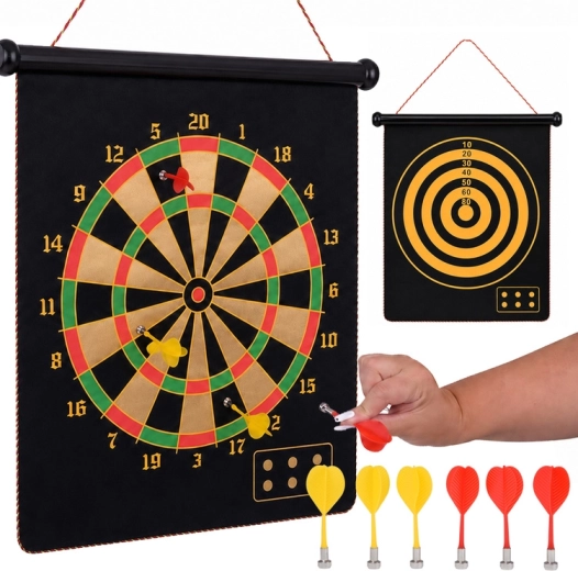 Double-sided magnetic dartboard with 6 magnetic darts