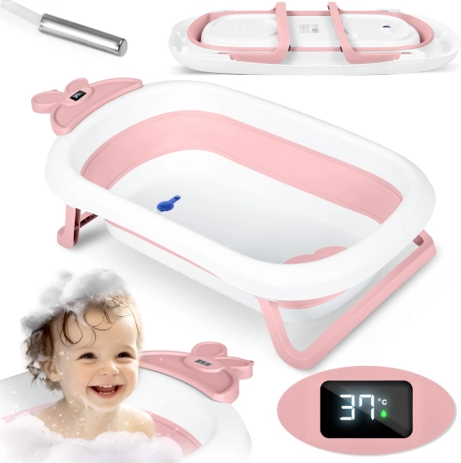 Foldable baby bathtub with LCD thermometer, white/pink