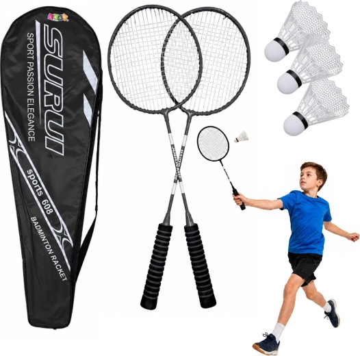 Badminton set with 2 rackets, 3 plastic shuttlecocks and a case, black