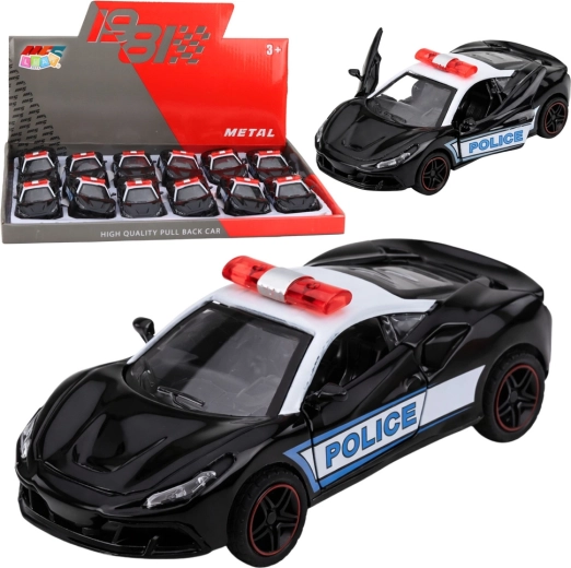 Metal police sports car 1:43 with pull-back drive, black and white, opening doors
