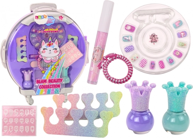Kids’ cosmetic trolley case for nails and make‑up, purple, 9 pieces
