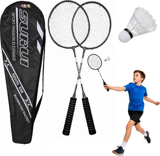 Badminton set with 2 rackets, shuttlecock and case – black