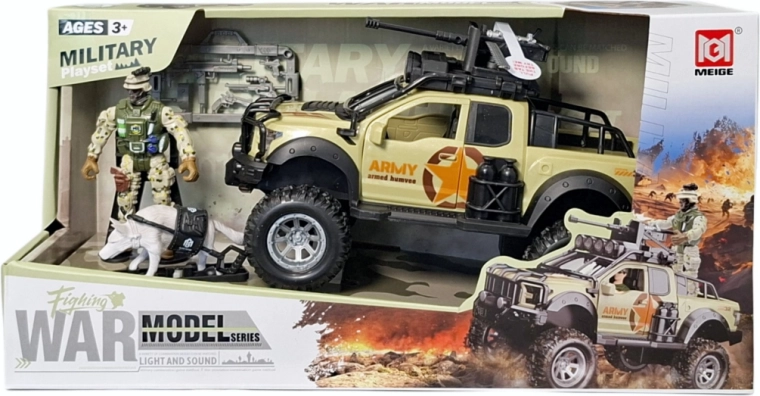 Military playset with off-road pick-up, soldier and dog