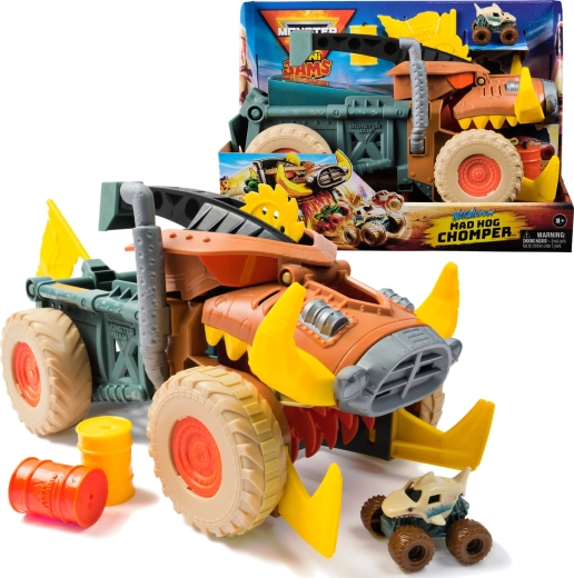 Monster Jam Mini Jams Megalodon Mad Hog Chomper set with large and small car 1:87