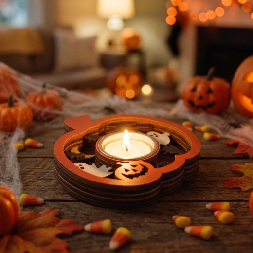 Kõrvitsakujuline Halloweeni teeküünlaalus