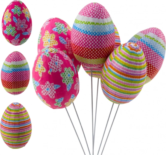 Easter Decorative Eggs on Sticks with Dots, Flowers, and Stripes, Set of 6 Pieces