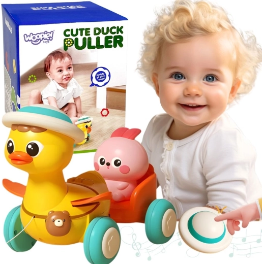 Woopie pull-along duck with pink bunny in trailer – interactive lights and melodies