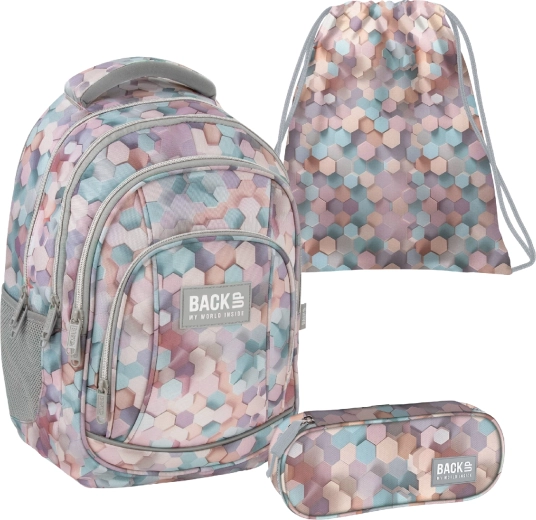 Koolikomplekt BackUP Geometric Beige 3in1 – seljakott, pinal ja spordikott