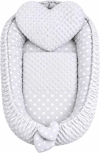New Baby luksuslik kahepoolne beebipesa padja ja tekikesega, Minky südameke, hall