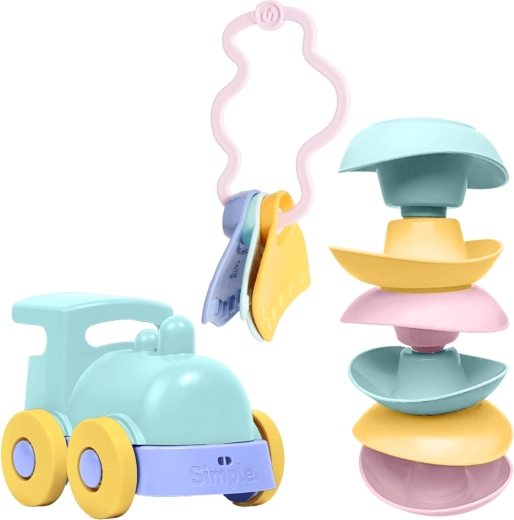 Simple. baby toy set – mint locomotive, stacking boats and teether