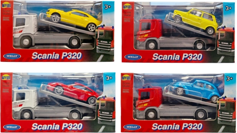 Welly puksiirauto Scania 1:57 koos sportautoga 1:43