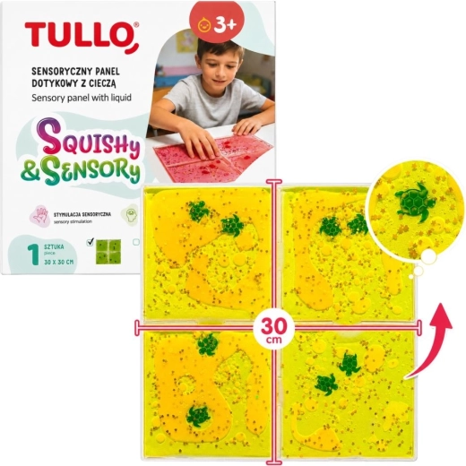 Tullo kollase vedelikuga puutetundlik sensoorsete kogemuste paneel